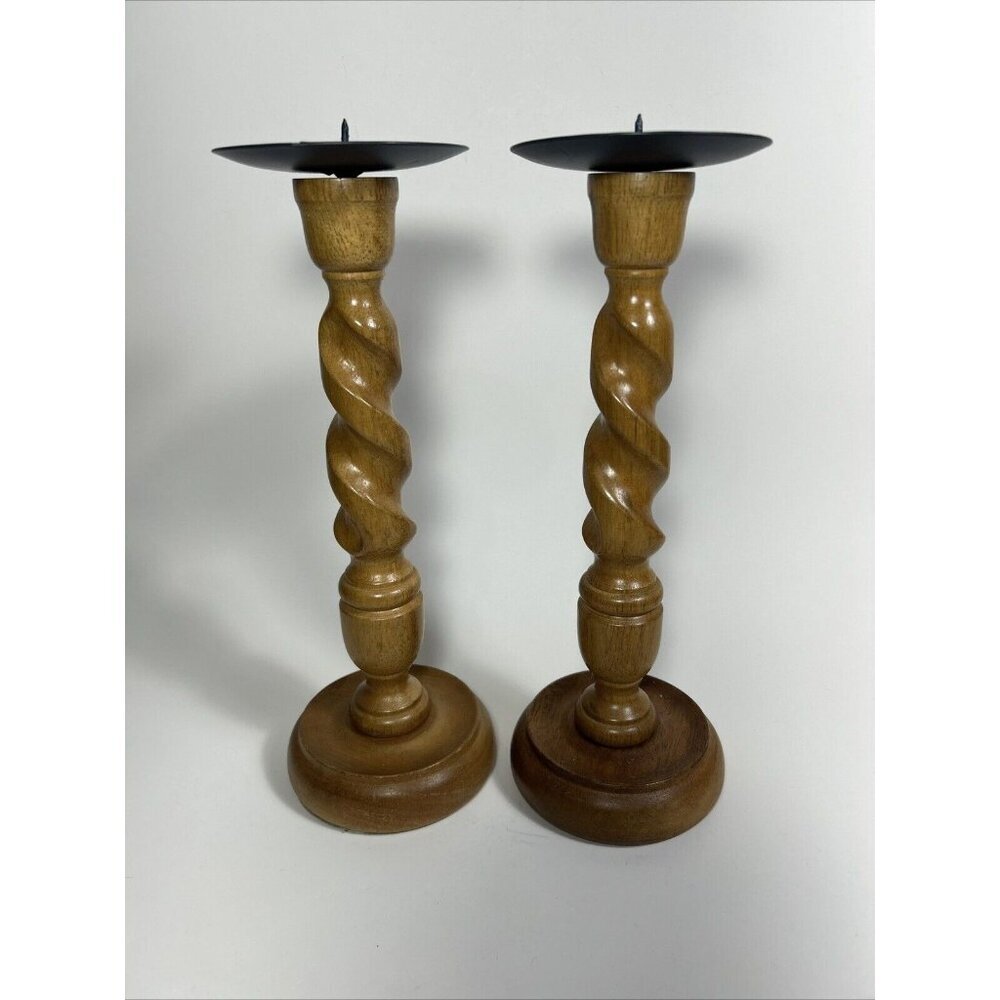 Pair Of Hand Crafted Wood Twist Candle Holders